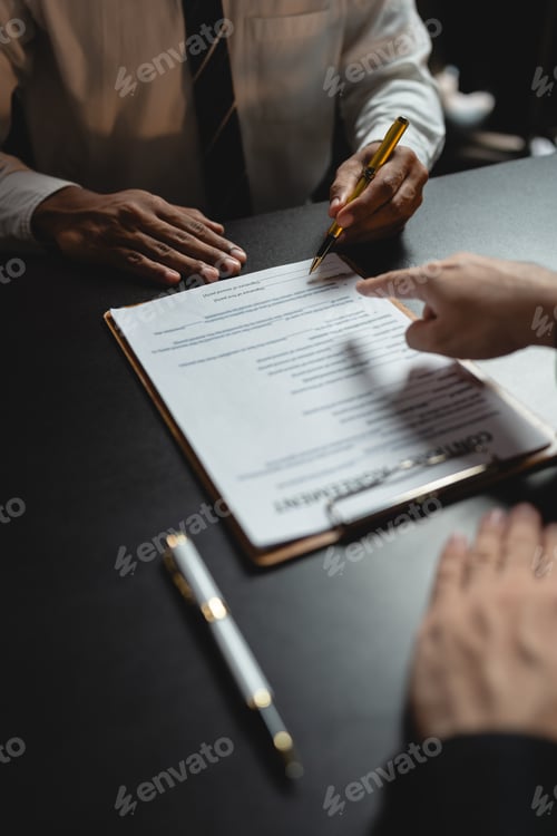 Preview: Lawyer giving advice on judgment, agreement, contract document. Consultation of young businessman an