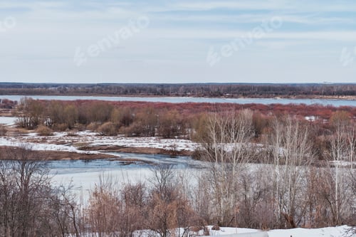 Preview: Spring landscape on river, Russia. River has opened up. Bare trees and shrubs on shores.