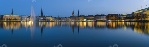 Preview: Beautiful panoramic view of Hamburg town hall - Rathaus and Alster river at spring earning evening