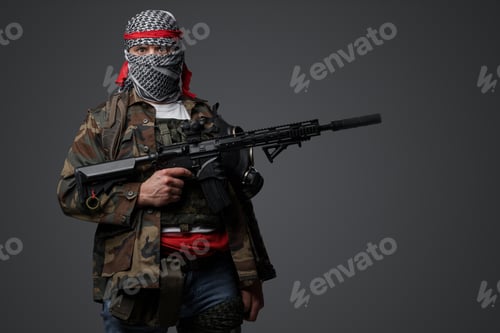 Preview: Middle Eastern Extremist Soldier, Camo Gear on Gray Background