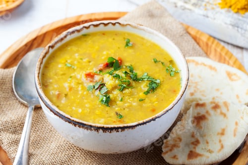 Preview: Lentil Soup with Pita Bread in White Bowl on a Wooden Background. Close up.