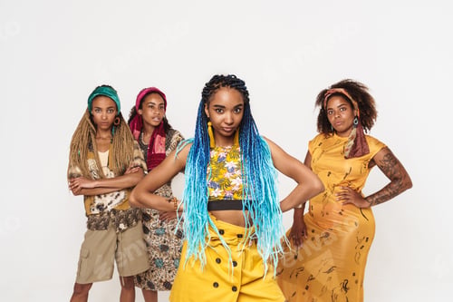 Preview: Young black four women wearing dress posing together on camera