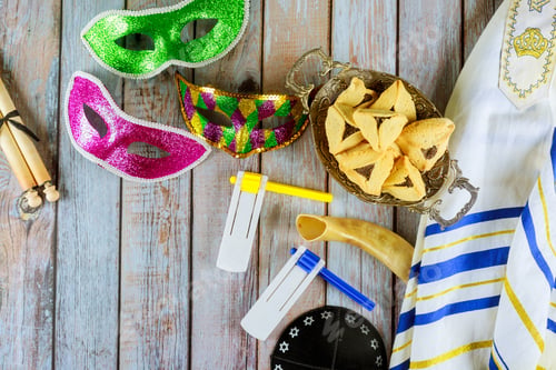 Preview: Traditional Purim celebration jewish carnival holiday cookies hamans ears, noisemaker and mask