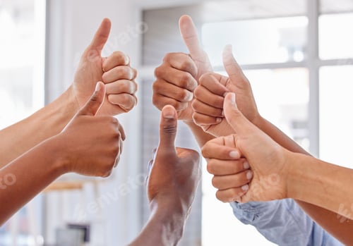 Preview: Cropped shot of a group of unrecognizable people showing thumbs up in an office