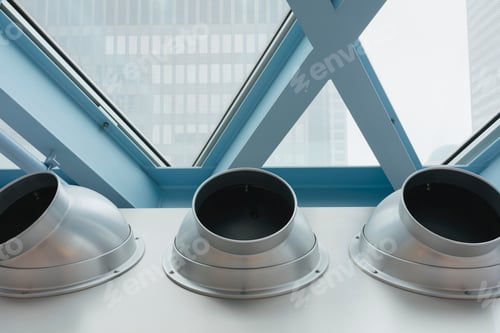 Preview: Steel and glass in a building and three metal pipes