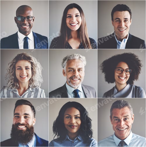 Visualização: Grupo sorridente de empresários e empresárias profissionais etnicamente diversos