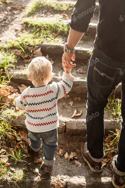 Preview: Baby girl holding hand of father while walking on steps