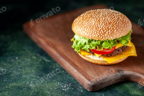 Preview: front view meat hamburger on dark background sandwich burger kfc fast-food french fries color bun