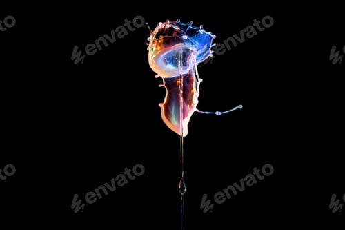 Preview: Falling drops of colored liquid, splashes on a black background