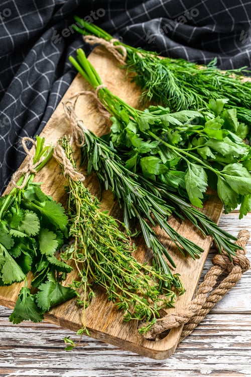 Preview: Assortment of fresh herbs coriander, rosemary, thyme, dill, parsley. A bunch of fresh condiments.
