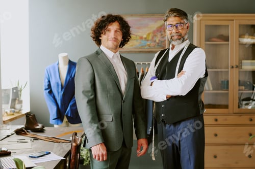 Preview: Tailor and Customer in Sophisticated Fitting Room