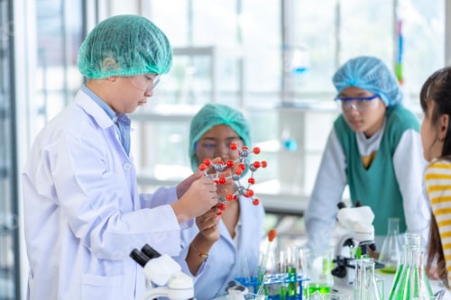 Preview: Group of boys and girls who love science Having fun doing experiments in the school lab.