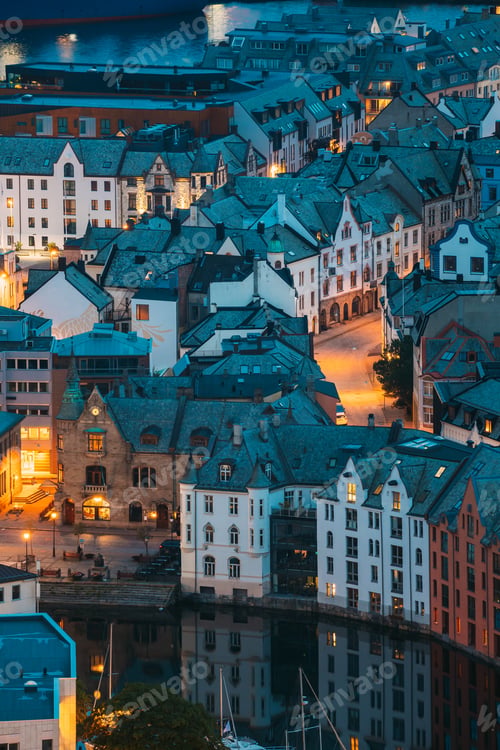 Preview: Alesund, Norway. Night View Of Alesund Skyline Cityscape. Historical Center In Summer Evening