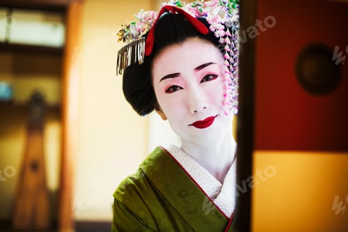 Preview: A woman dressed in the traeditional geisha style, wearing a kimono and obi, with an elaborate