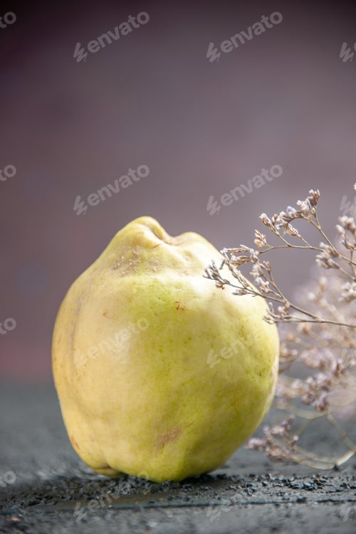 Preview: front view fresh quince mellow and sour fruit on a dark-blue desk ripe plant fetus fresh sour fruit