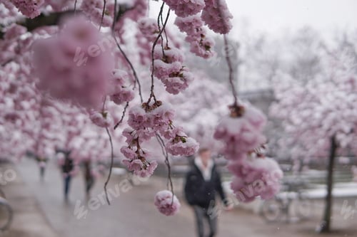 Preview: Closeup shot of snowfalls on sakura cherry blossoms