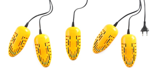 Preview: Modern electric shoe dryers on white background, collage. Banner design
