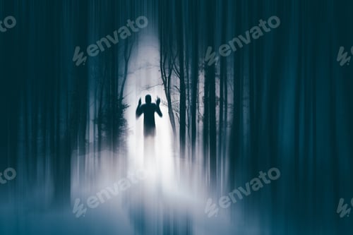 Preview: Horror halloween concept. strange silhouette in a dark spooky forest at night