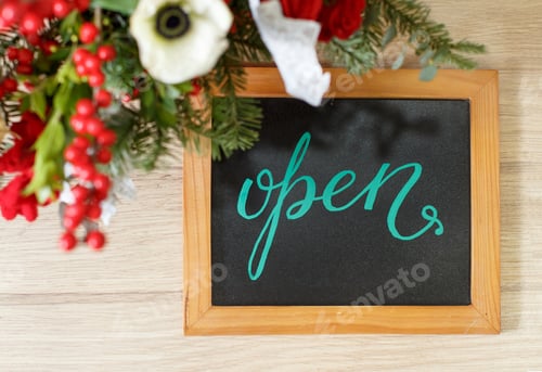 Preview: Chalkboard OPEN inside a Flower shop during holiday winter season