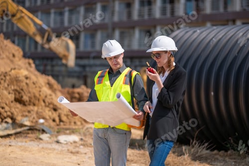 Preview: Construction Manager and engineer working construction site blueprint and laptop for survey inspecti