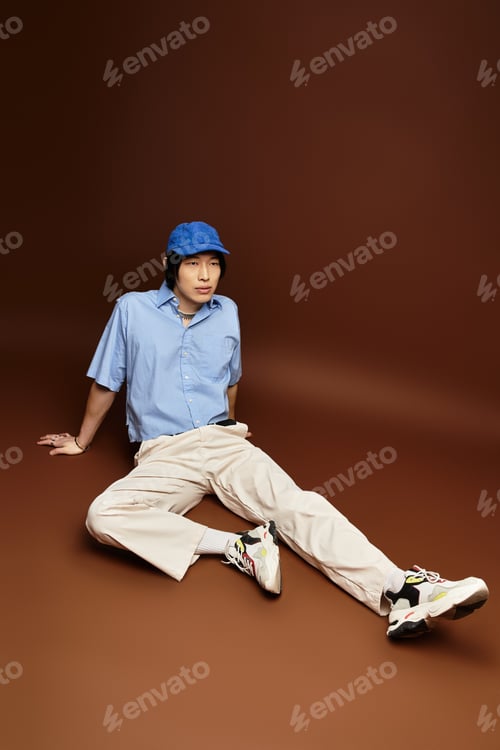 Preview: Stylish young Asian man poses in a modern studio setting with flair