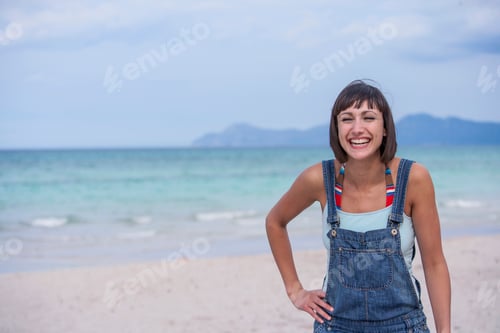 Preview: Woman laughing on the beach, Mallorca, Spain