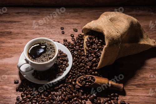 Preview: Top view of a cup of strong espresso and coffee beans in a bag
