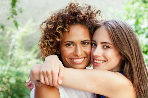 Preview: Smiling women hugging outdoors