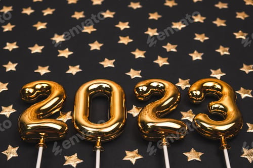 Preview: festive black background with gold numbers 2023 and gold stars. holiday greeting card.