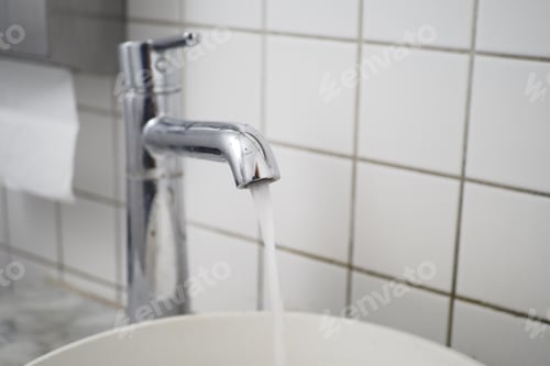 Preview: Fresh water is flowing gracefully from a sleek, shiny chrome faucet in a cozy kitchen setting,