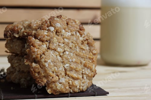 Preview: Oatmeal Peanut Butter Cookies With Almond Milk in Rustic Kitchen