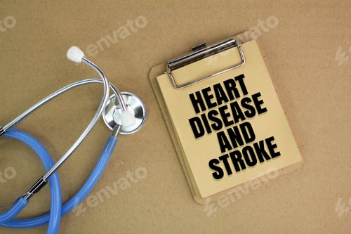 Preview: stethoscope and a notebook with the words Heart disease and stroke.