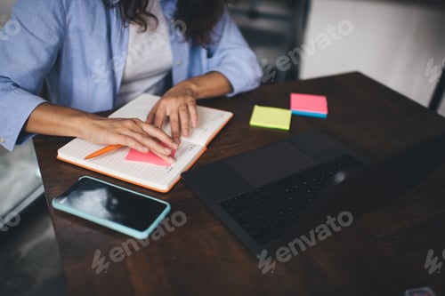 Preview: Woman working with notebook and laptop
