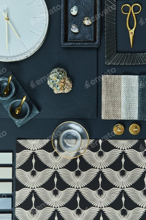 Preview: Flat lay composition of creative black architect moodboard