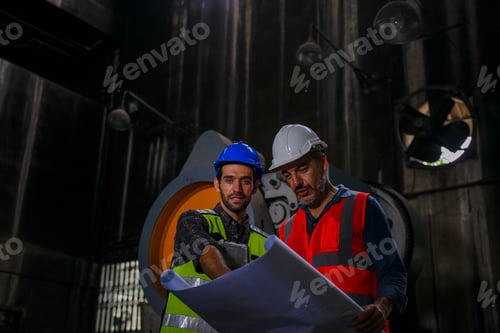 Preview: Blue collar workers work together at metal factory.