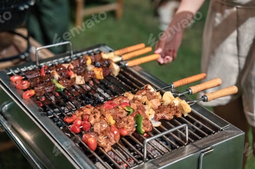 Preview: Barbeque skewers meat with vegetable grilling on charcoal bbq grill in backyard