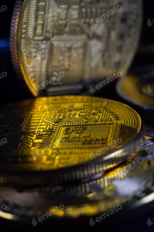 Preview: Vertical closeup of bitcoins. Selected focus.