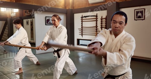 Preview: Students, stick or learning martial arts in dojo for physical practice, aikido movement or self def