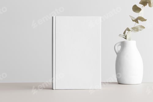 Preview: White book mockup with a eucalyptus in a vase on a beige table.