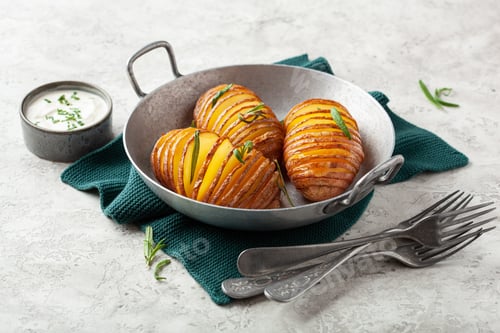 Preview: baked hasselback potato with cheddar cheese and rosemary