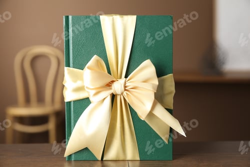 Preview: One book tied with ribbon as gift on wooden table indoors, closeup