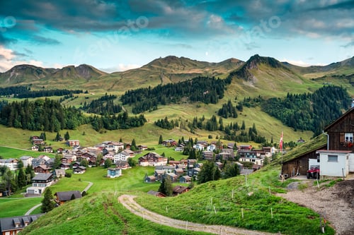 Preview: Mountain village of Stoos surrounded by Swiss Alps, in summer at Schwyz, Switzerland
