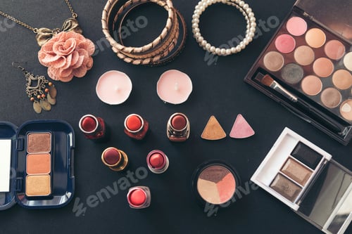 Preview: Cosmetics set for beautiful woman with red rose and pearl on pink background