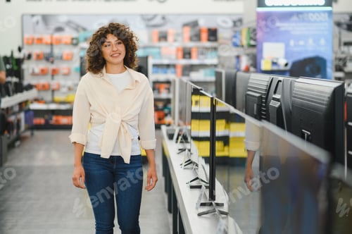Preview: Woman choosing a new tv in electronics store