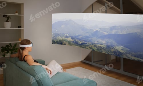 Preview: Lady Wearing VR Headset Watching Video On Screen At Home