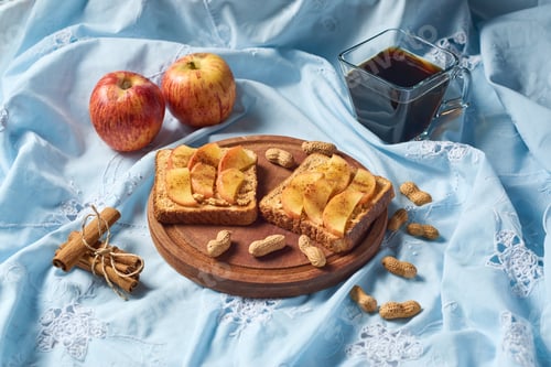 Preview: Sweet sandwich with peanut butter and apple. Healthy vegetarian dessert.