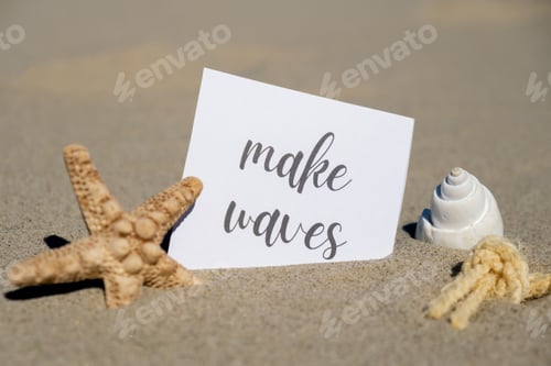 Preview: MAKE WAVES text on paper greeting card on background of starfish seashell summer vacation decor