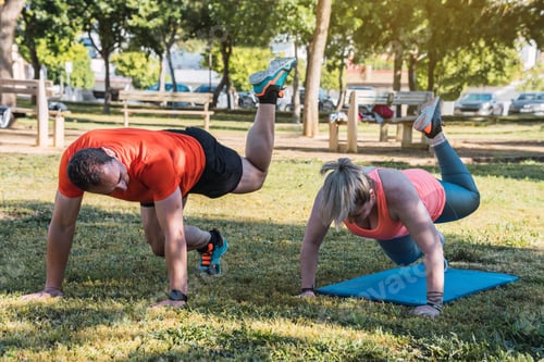 Preview: Woman doing exercises with a personal trainer outdoors