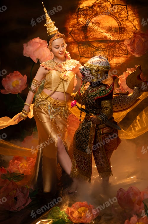 Preview: Traditional Thai dance performance featuring a graceful female dancer and a masked Khon performer