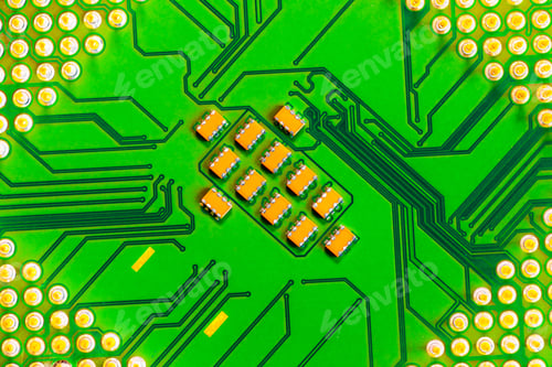 Preview: Close up of microchips and pins on Main CPU PC processor circuit board.